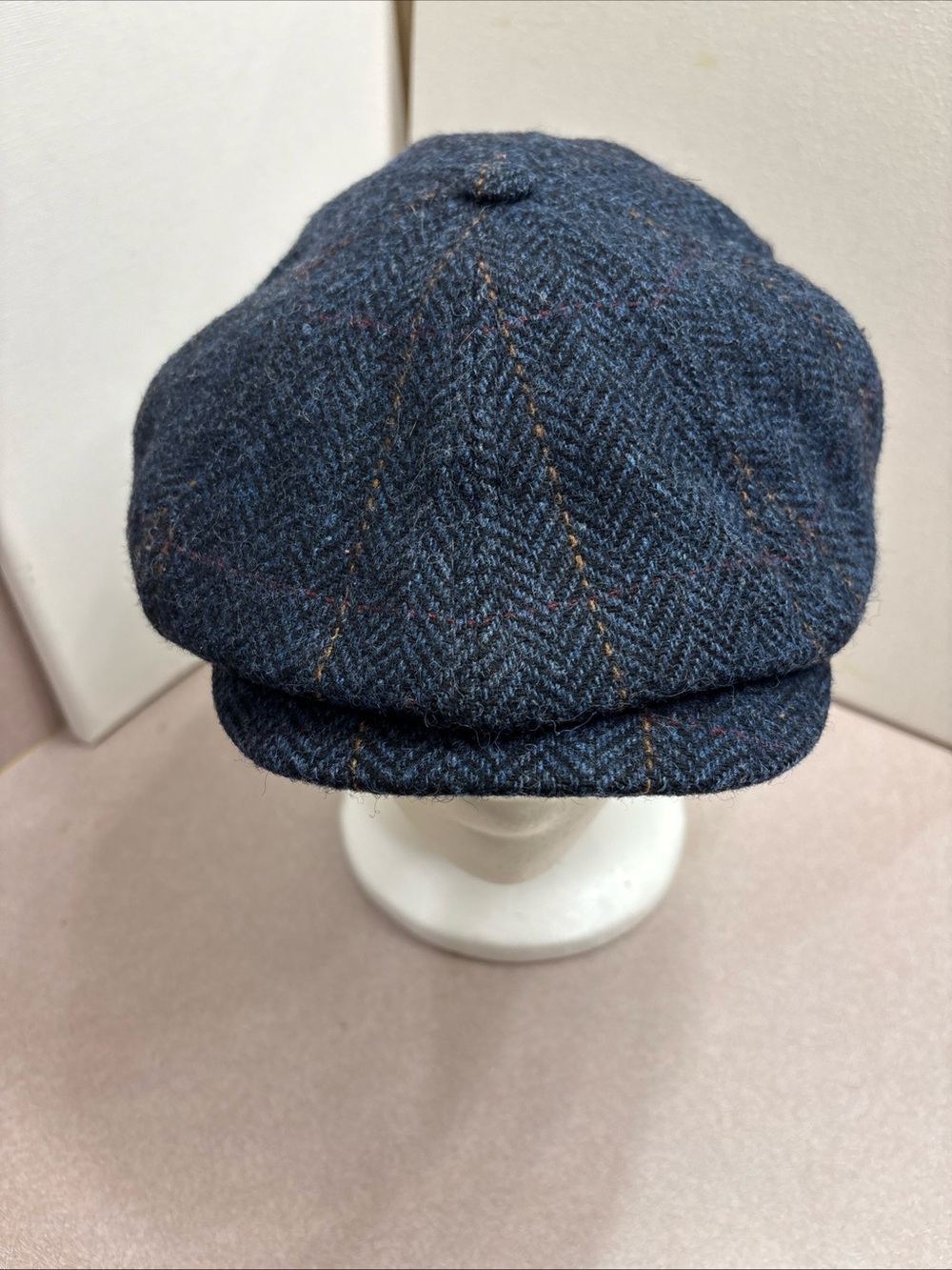 Mucros Weavers Irish Ireland Flat Cap Blue Herringbone Tweed Driving Hat Mens L